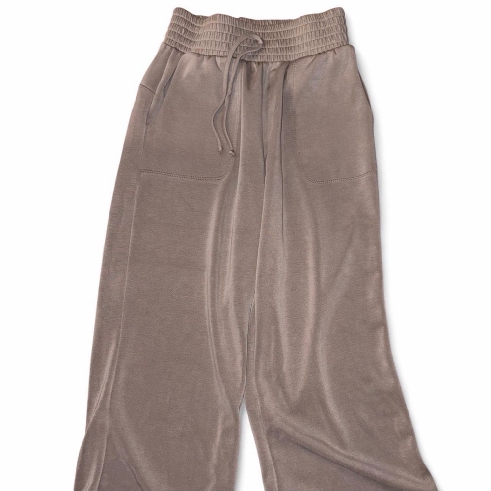 Satin feel wide leg sweatpants with drawstring waist